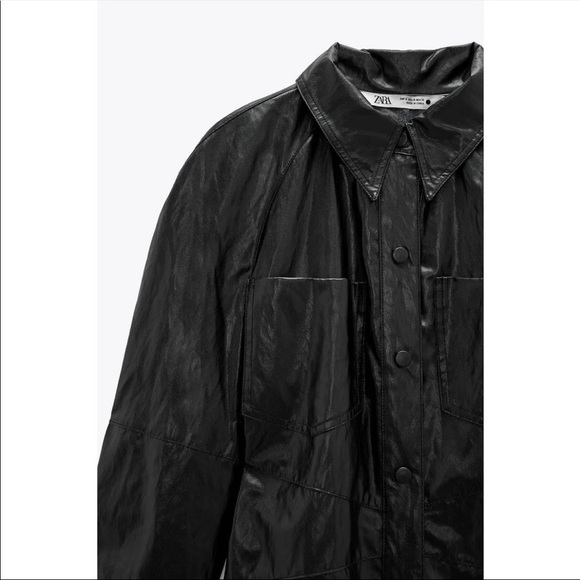 ZARA XL Faux Leather Long Sleeve Shirt Dress Snap Front Chest Pocket Black Mini - Picture 16 of 16